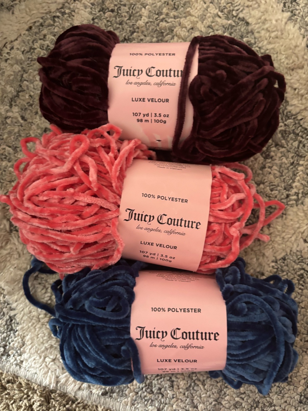 Juicy Couture Luxe Velour Yarn Trio - Burgundy, Pink, Blue